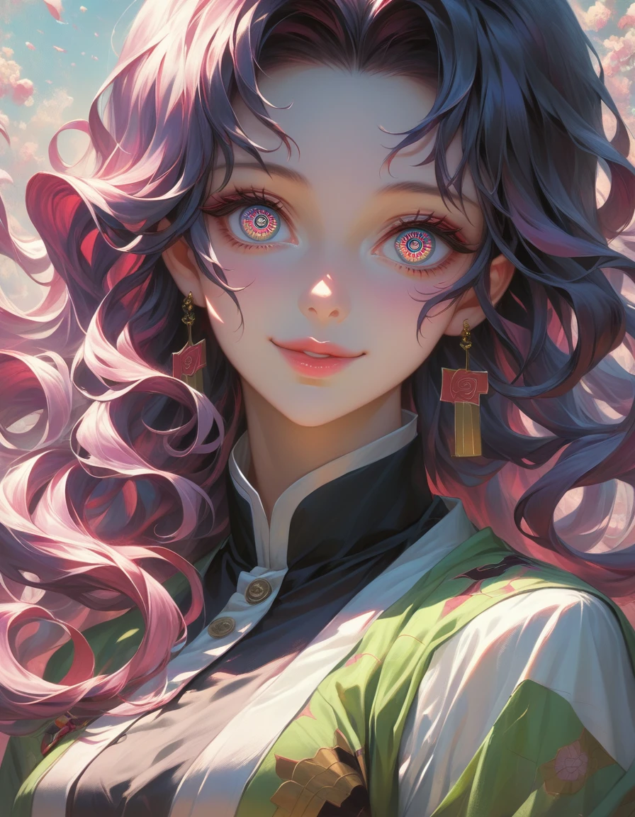 mitsuri kanroji, demon slayer, beautiful girl, cute smile, extremely detailed face, intricate detailed hair, detailed eyes and lips, delicate facial features, flowing hair, beautiful detailed expression, exquisite detailed portrait, hyper realistic, 8k, high quality, masterpiece, digital art, cinematic, dramatic lighting, vibrant colors, fantasy art, visionary art