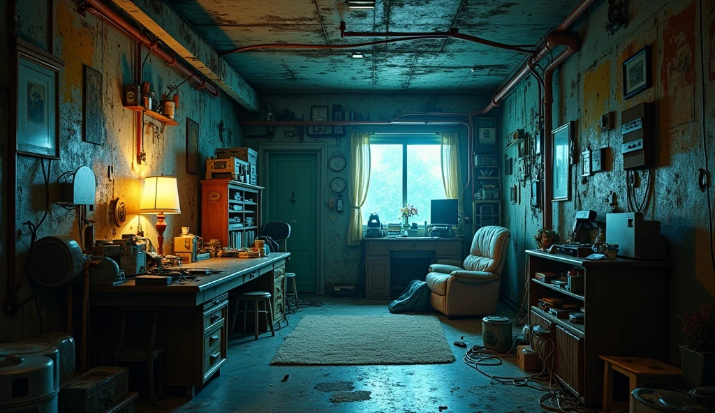 hakikomori room design, underground, lots of items, dirty, dark light, super detailing, cinematic light, Wong kar-vai style