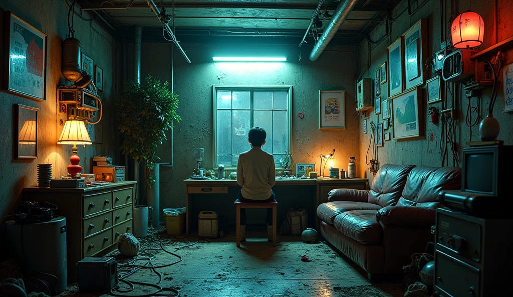 hakikomori room design, underground, lots of items, dirty, dark light, super detailing, cinematic light, Wong kar-vai style