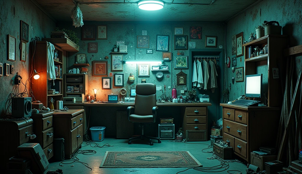 hakikomori room design, underground, lots of items, dirty, dark light, super detailing, cinematic light, Wong kar-vai style