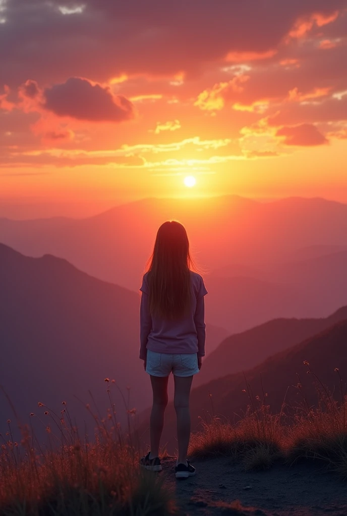 The girl watched the sunset on the top of the mountain.  