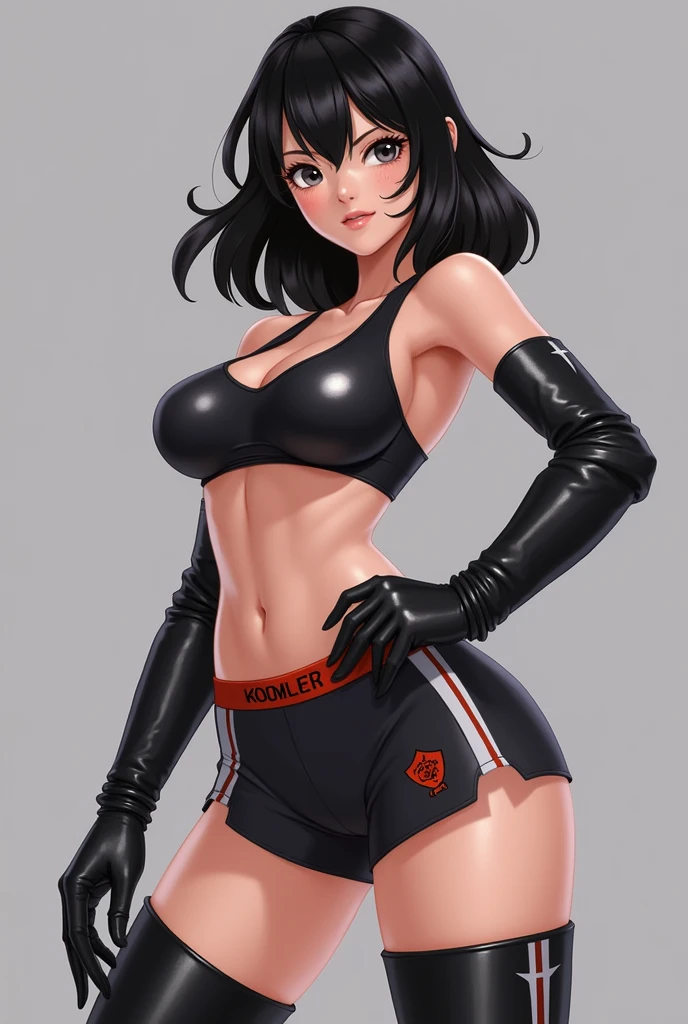 Real、Black Hair、Bob Hair、Shiny Sports Bra、Shiny sports shorts、Knee-high boots、Shiny gloves that reach down to the upper arms