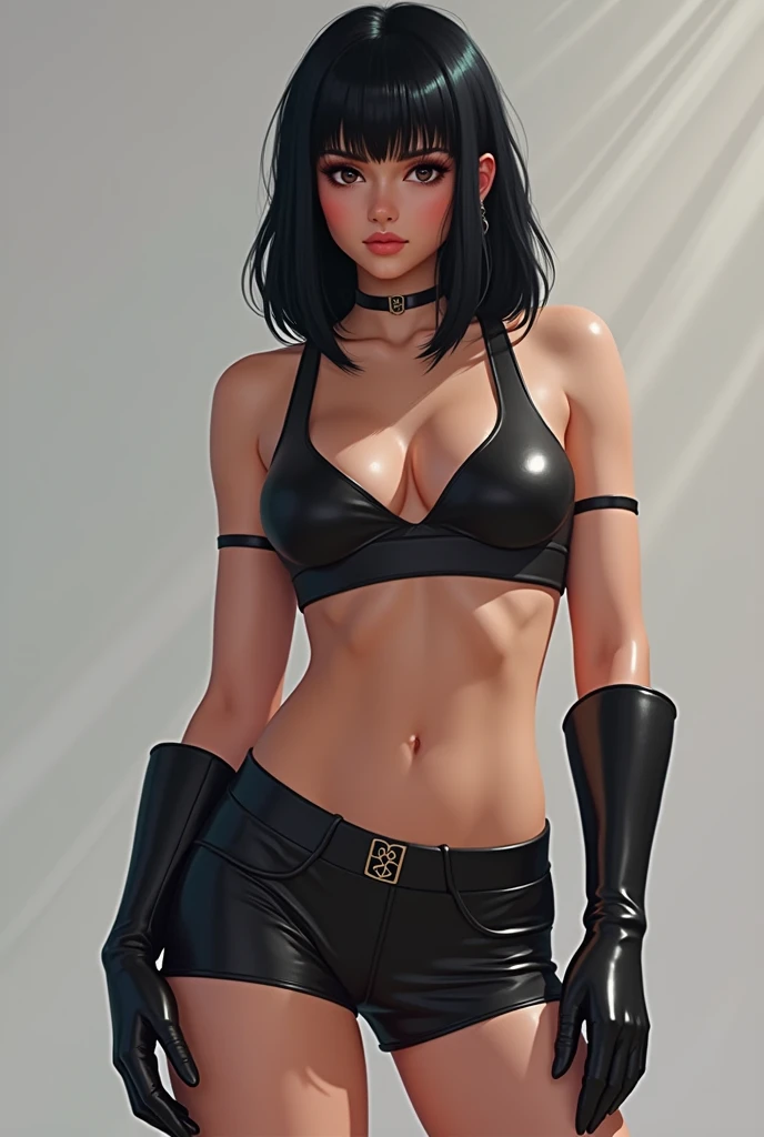 Real、Black Hair、Bob Hair、Shiny Sports Bra、Shiny sports shorts、Knee-high boots、Shiny gloves that reach down to the upper arms