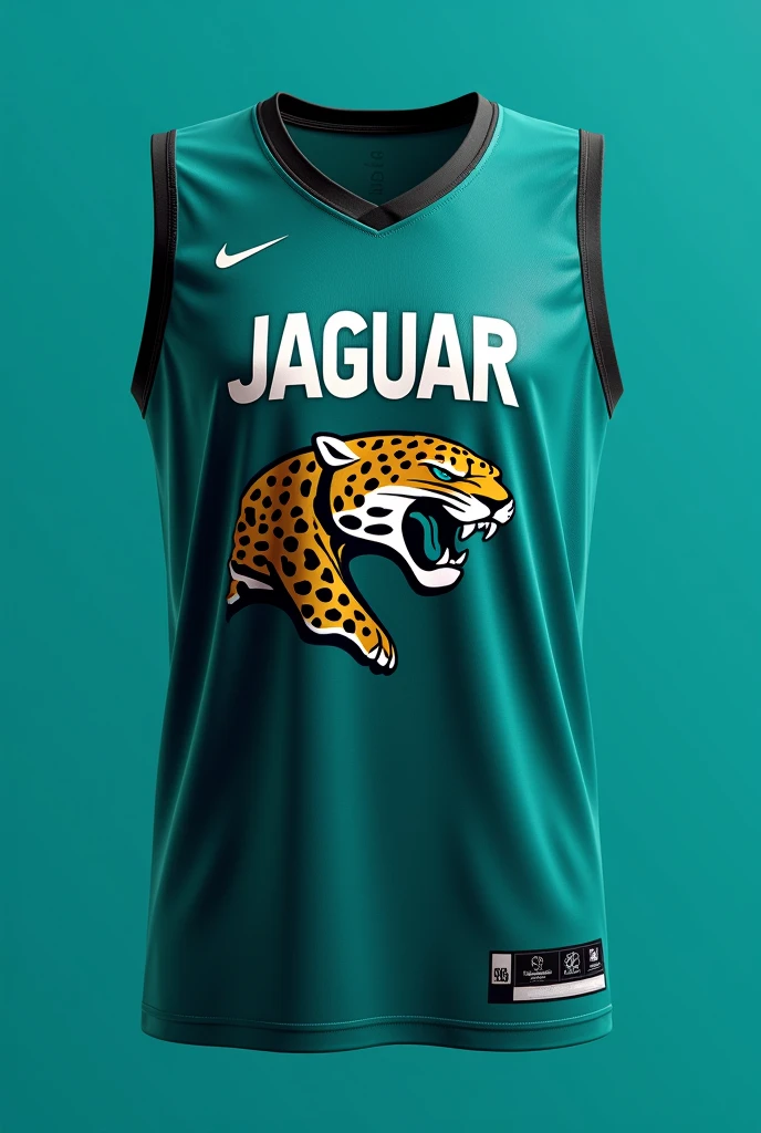 create a jersey without sleeves, on front, put named jaguar, and a picture of jaguar. The color is teal