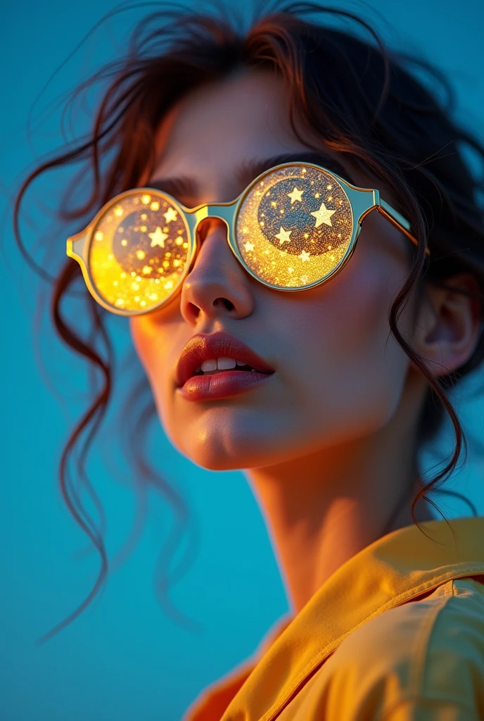 model wearing vitreous sunglasses with star and moon in the glass, in the style of dark sky-blue and light yellow, minimalist pen lines, fairy kei, use of precious materials, vibrant and lively hues, captivating, glitter 