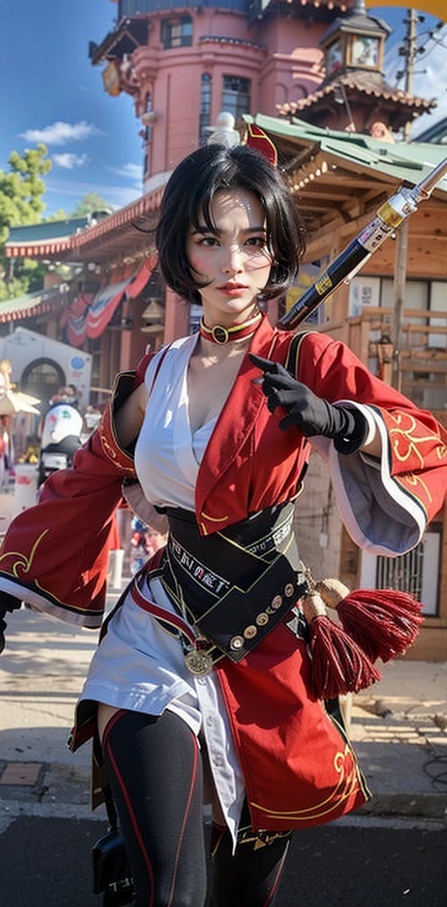 Japanese Manga Artist (Late 20th to Early 21st Century), A (pretty young woman:1.1) with black hair in a pixie cut, dark brown eyes, pale skin, , wearing casual, comfort-oriented (work clothes:1.2), often short, with a fabric apron full of pencils and markers, (glasses:1.1). She is nestled in a brightly lit studio, adorned with anime posters, colorful LED lights, piles of manga magazines, a digital drawing tablet, pens, sketchbooks, and inspirational figurines. The ambiance is creative and energetic.