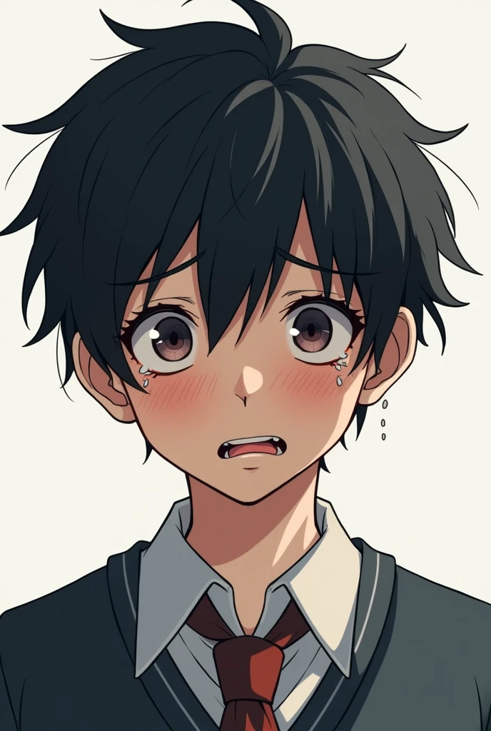 Draw an illustration of a black-haired boy crying!Age: about high school student。wearing a school uniform、I'm crying in frustration。
