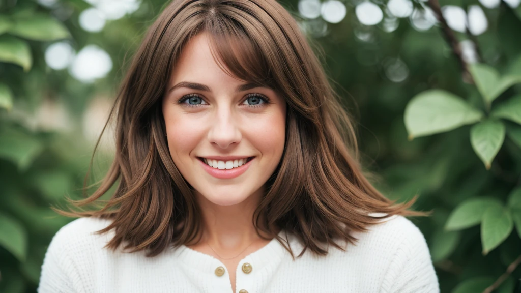 1 woman, (realist), Brown hair, by the wide, black eyes, happy, whole body,