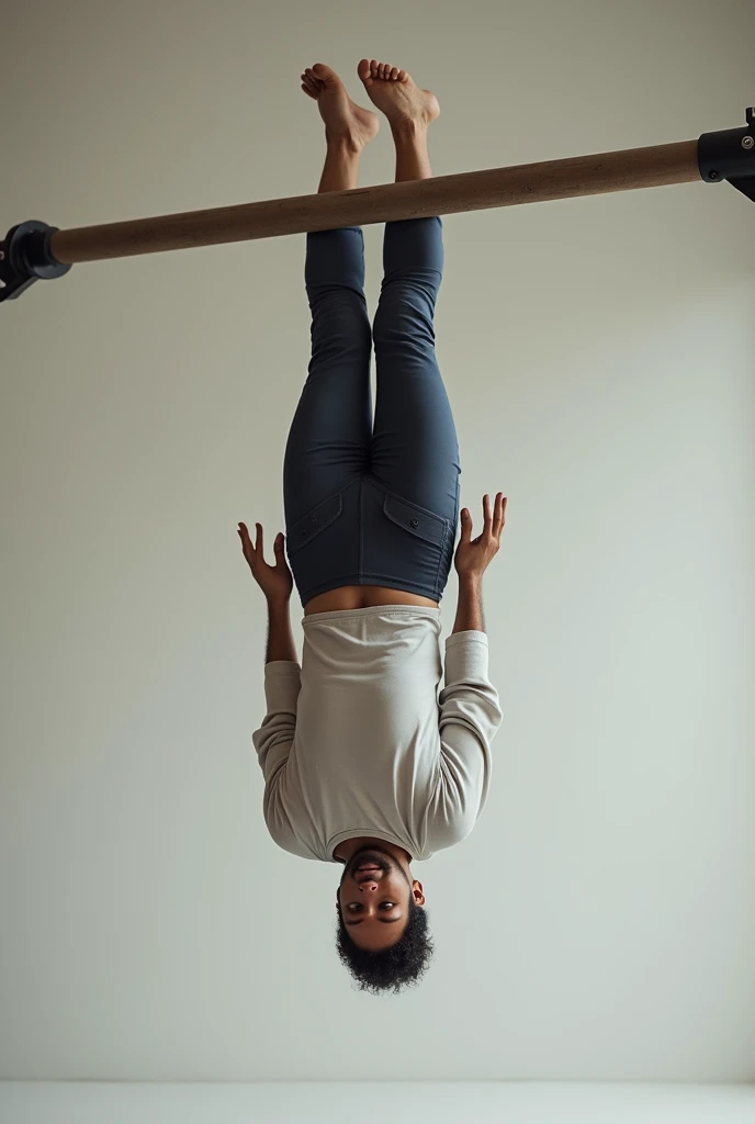 A guy in a long-sleeved T-shirt hangs upside down on a horizontal bar
