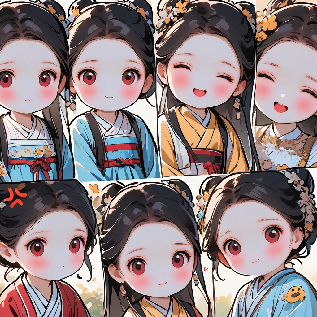 1 个Lovely的女孩,4 grids,4 emoji packs,4.Posture and expressions,sad,surprise,laughing out loud,anger,Suspect,Acting Lovely,Lovely,sleep,naughty,Hate,Hanfu、Hair Bun、Hair accessories,Black stroke,Different emotions,8K