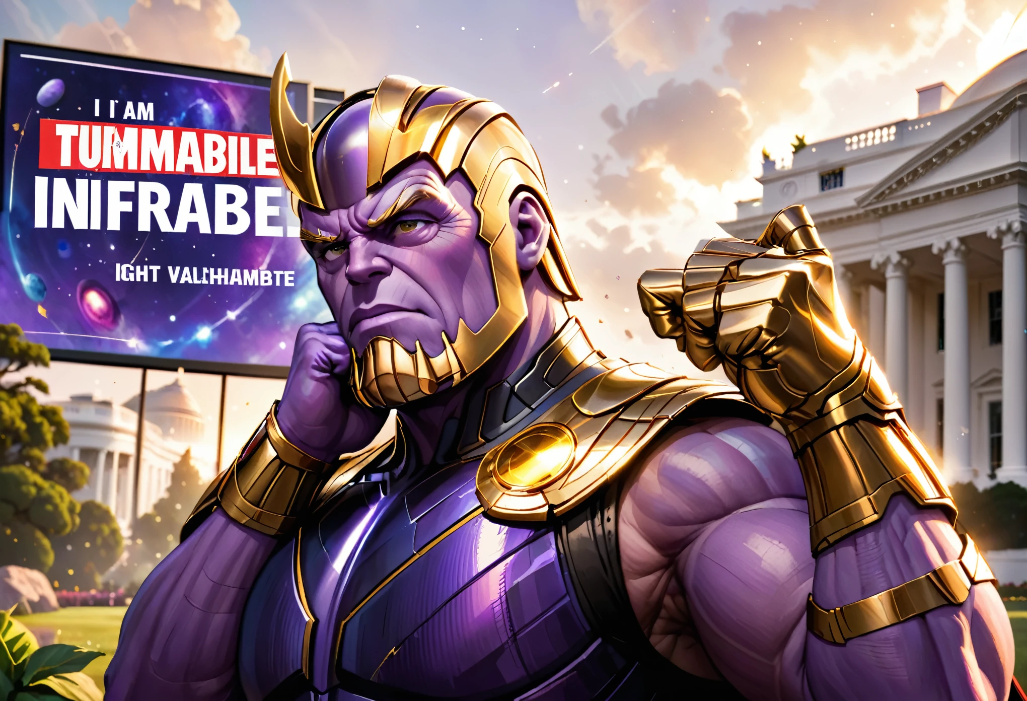 Donald Trump (bandage on right ear) in a triumphant pose, He is portraying villain Thanos, wearing the Infinity gauntlet, white house in background. text 'I AM INEVITABLE' written in big letters along the right side of the screen