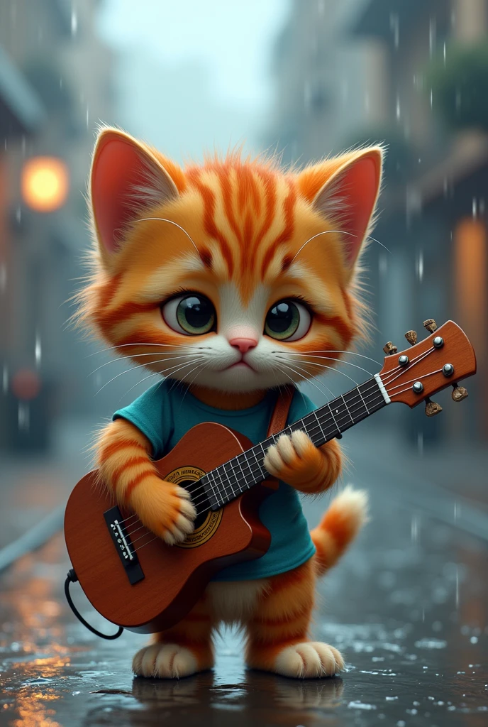 (Kitten)(Guitar)(Rainy day) (Cute)(Cartoon style) (Wet fur)(Sad expression)(Worn out T-shirts)(Tabby cat)8k, realistic,3d animation