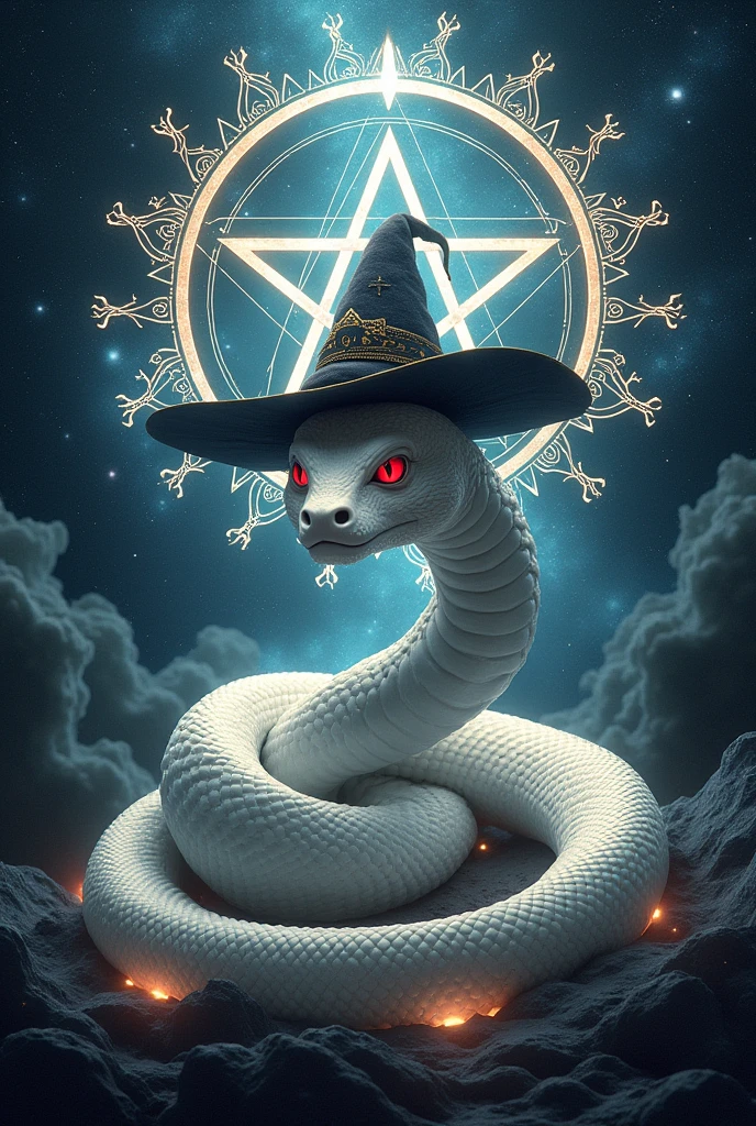 a white snake with a witch's hat, surrounded by symbols of magic and the cosmos, no people, hat, witch's hat, border, animal focus, animal, magic circle, black border, hexagram. ultra-realistic, hyper-detailed, 32k uhd,hyper-detailed,ultra-realistic, 8k,, red eyes, (Background Universe and Galaxy) (Background Magic Galaxy and Magic Universe, A lot of stars in the sky dark), surrounded by symbols of magic  Diagram, Witch Star, Behind snake very Big hexagram In the middle Background and  hexagram in the Dead Head. 