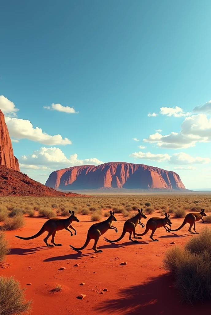 I Image Prompt:** "A dramatic landscape in Australia with Uluru (Ayers Rock) rising from the red desert, a clear blue sky, and a group of kangaroos hopping across the plains."