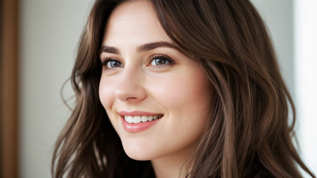 1 woman, (realist), Brown hair, by the wide, black eyes, happy, whole body,
