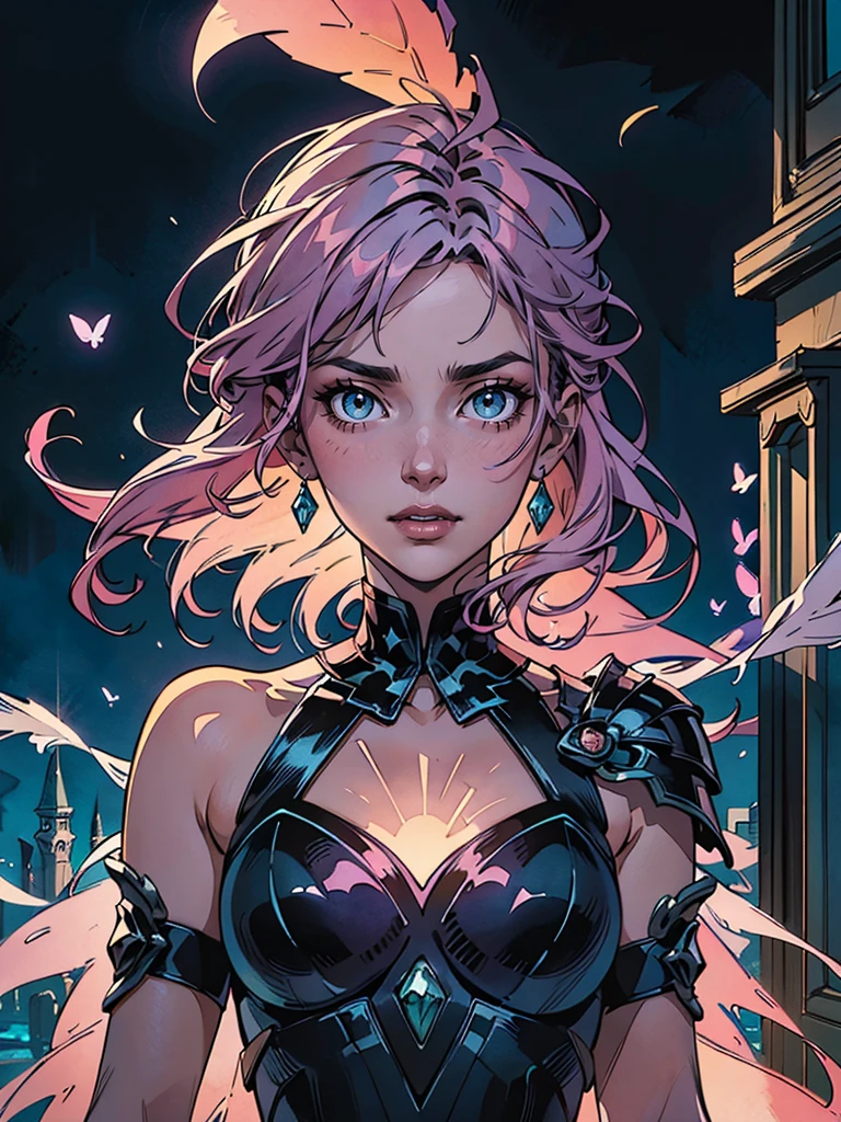 (((masterpiece))), (((best quality))), ((ultra-detailed)),(highly detailed CG illustration), ((an extremely delicate and beautiful)),cinematic light, Create a stunning fantasy artwork that mimics the style of currently trending masters of the genre. The art piece should contain elements of both mythic fantasy and fairytale fantasy with colorful accents. ((Utilize various shades of pink and watercolor pastels as the main color scheme.)) The character in the artwork is a delicate but strong  figure with an aura of mystery and magic. Pay close attention to intricate facial features, such as mesmerizing eyes with vibrant colors and bold shading. The character's clothing should be designed with gossamer feathers, silk, stunning embroidery, and subtle iridescent details. Incorporate dreamy colors, dynamic lighting, and detailed background elements to create a sense of awe and immersion. Include colorful flying magical birds and jewel-toned butterflies radiating a magical aura. Consider the latest trends in fantasy art, such as incorporating unique lighting effects, exploring dynamic and compelling composition techniques, and experimenting with unique color palettes. Take inspiration from the top artists on ArtStation and Midjourney. Camera: Choose an angle that highlights the character's beauty and enhances the magical majesty of the artwork. Lighting: Utilize atmospheric lighting techniques to create depth and mood. Resolution: Aim for a high-resolution artwork to showcase intricate details and clarity. Art Inspirations: Seek inspiration from the trending artists on ArtStation, exploring different styles, genres, and themes.