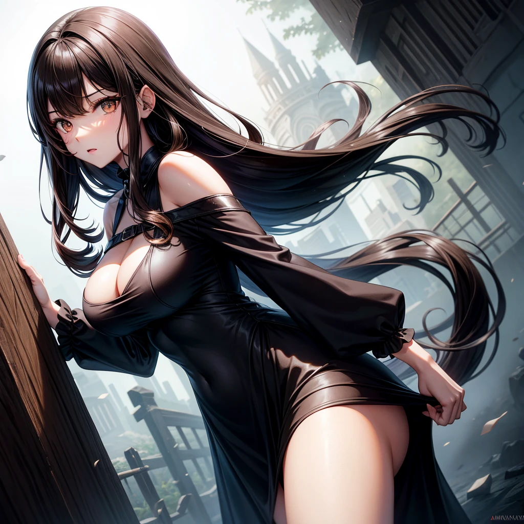 long dark hair / / brown eye / black dress