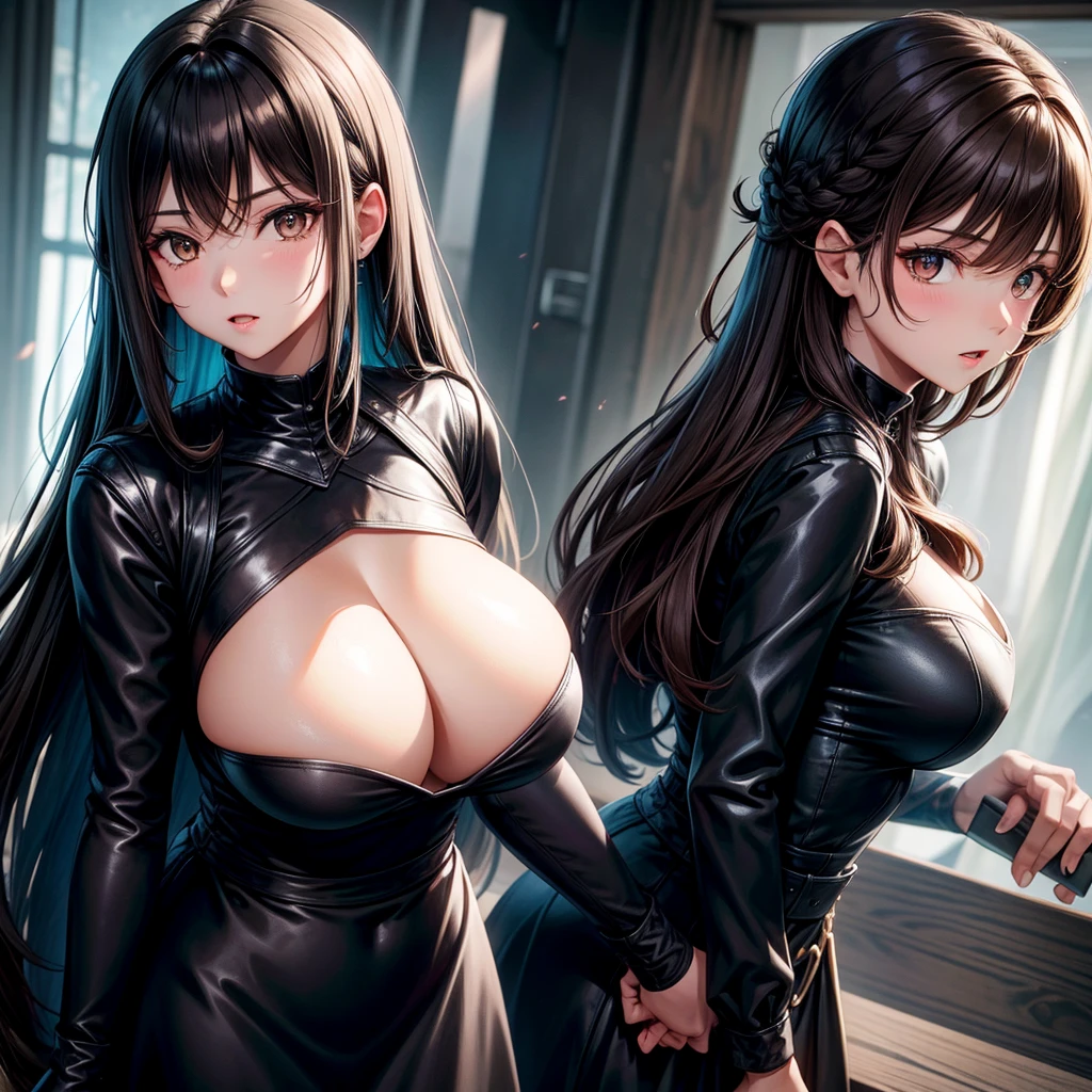 long dark hair / big tits / brown eye / black dress