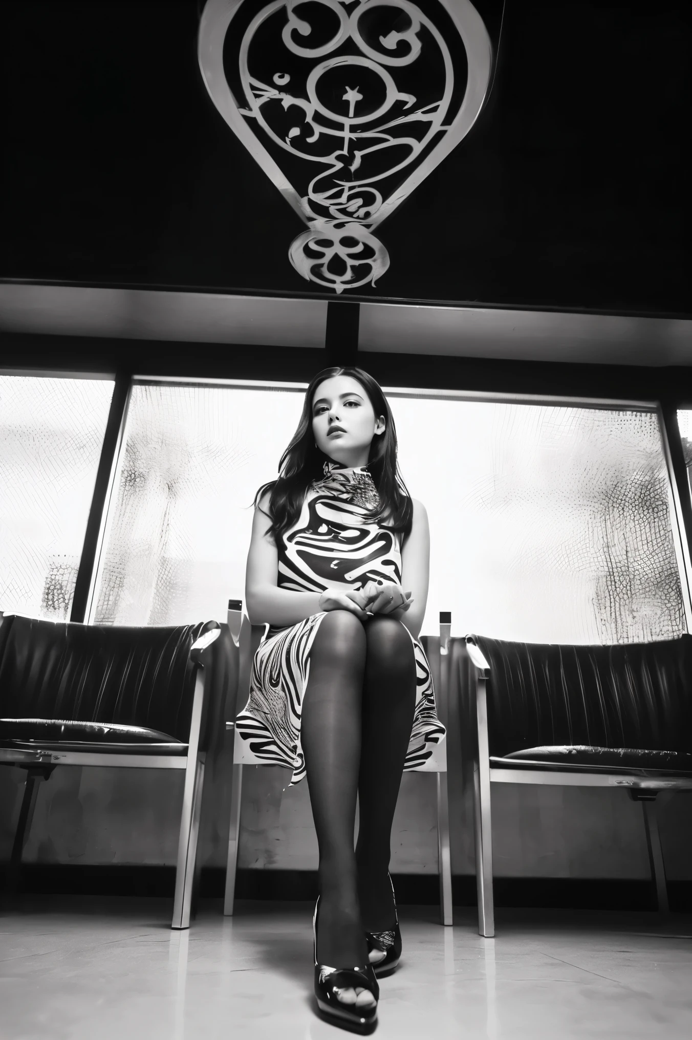 (((8k、High resolution、Highest quality、High resolution)))alone、BREAK
自然な体型、White skin、Natural Makeup、((Black Hair、bangs、Straight Long Hair))、(((Sitting on a chair)))、、(:1.4)、(())、(((((Full body photo)))))、(((Looking into the camera)))、((Ultra-realistic pantyhose)),
BREAK
(Modern cut high-neck dress with abstract Art Nouveau print in monochrome:1.4), accessorized with (minimalist geometric silver necklace:1.2), and (stylish matte black stilettos:1.1).
BREAK
(Dress and pantyhose), (Shot from below:1.8),
