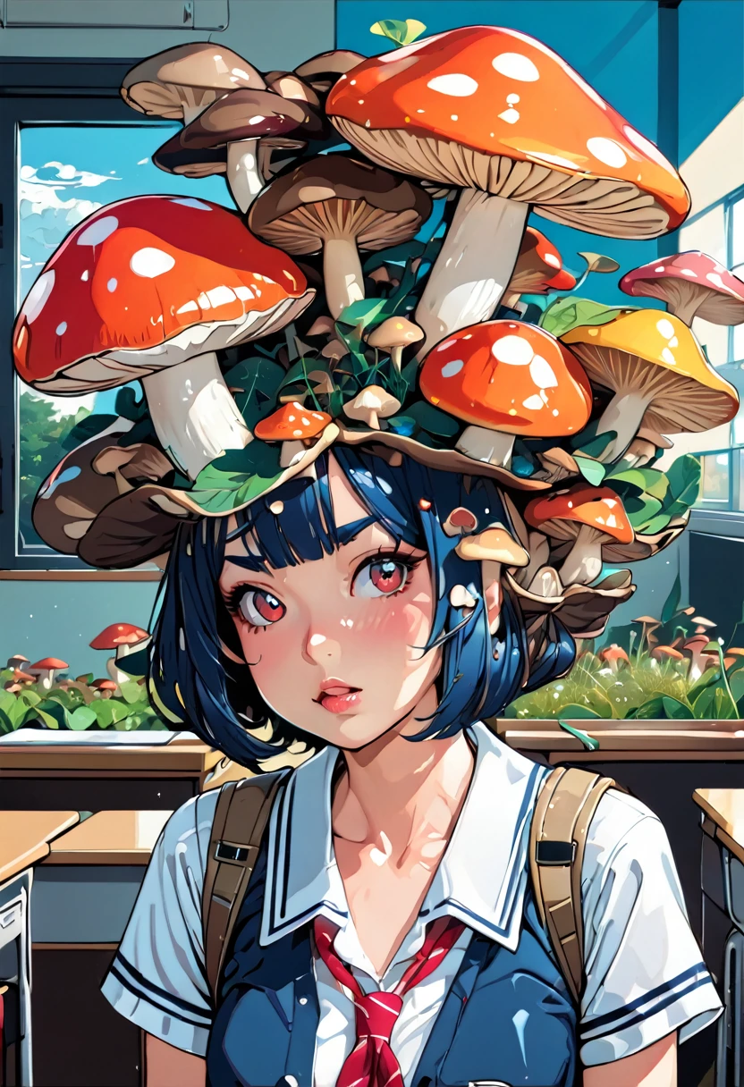 (masterpiece, best quality), (ultra highres, ultra-detailed),pop-art style,(japanese girl with mushrooms growing on her head),mushrooms hat,summer school-uniform,classroom,shiny skin,absurdity, extraordinary, BREAK (girl,16yo,detailed face,(darkblue wavy-short hair),middle thick eyebrows,middle small breasts),confused,