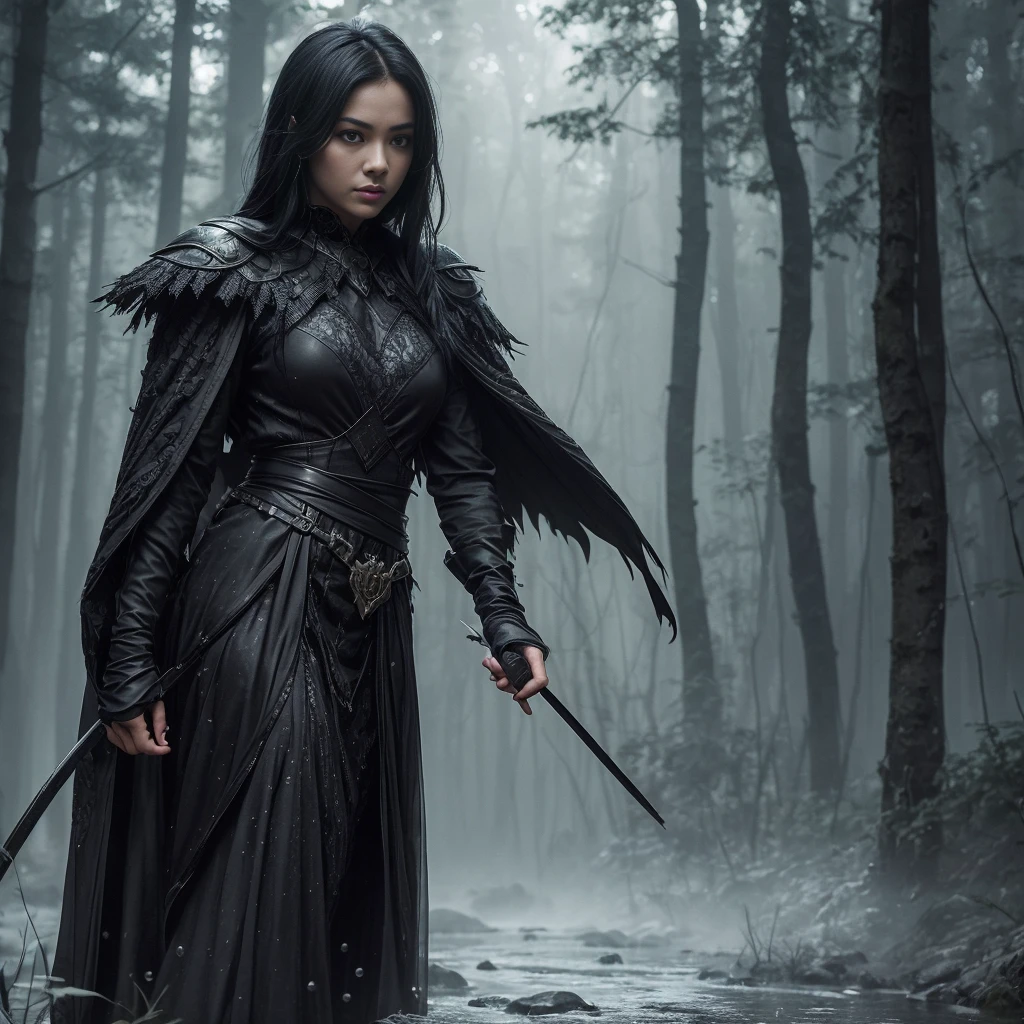 In the realm of dark fantasy, a captivating figure with raven-black hair stands against the backdrop of a forest, subtly turning their back to the audience. The character's features are highlighted by the soft, eerie glow emanating from the cloudy sky above. A sense of mystery envelops them as they clasp a katana in their left hand, its sharp edge reflecting the scattered light from the gloomy atmosphere. The forest background is rich with detail, its foliage casting intricate patterns on the character's form-fitting clothes. The street beneath our protagonist glistens with water droplets, creating a misty effect that further enhances the enigmatic