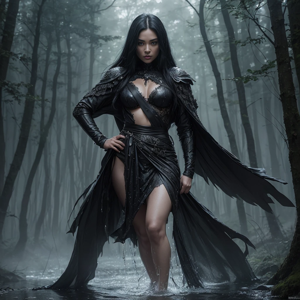 In the realm of dark fantasy, a captivating figure with raven-black hair stands against the backdrop of a forest, subtly turning their back to the audience. The character's features are highlighted by the soft, eerie glow emanating from the cloudy sky above. A sense of mystery envelops them as they clasp a katana in their left hand, its sharp edge reflecting the scattered light from the gloomy atmosphere. The forest background is rich with detail, its foliage casting intricate patterns on the character's form-fitting clothes. The street beneath our protagonist glistens with water droplets, creating a misty effect that further enhances the enigmatic