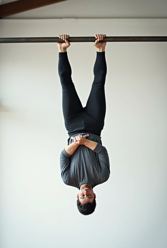 A guy in a long-sleeved T-shirt hangs upside down on a horizontal bar