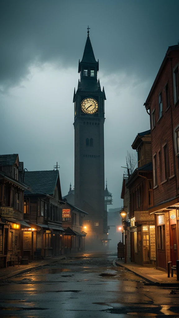 A realistic image of a spooky town where time has stopped。The scene is in an old, abandoned town square.、Cracked cobblestones and overgrown with weeds。In the center there is a clock tower、The hands of the broken clock are stuck at midnight。The surrounding buildings are dilapidated、Window glass cracked、Paint peeling off、There is a desolate atmosphere。The whole atmosphere is creepy、An unsettling fog hangs over me.、The dim light casts long shadows。The sky is covered with dark, swirling clouds、There is no sign of life in the town.、It exudes a mysterious and terrifying atmosphere, as if trapped in a forgotten and cursed time.。
