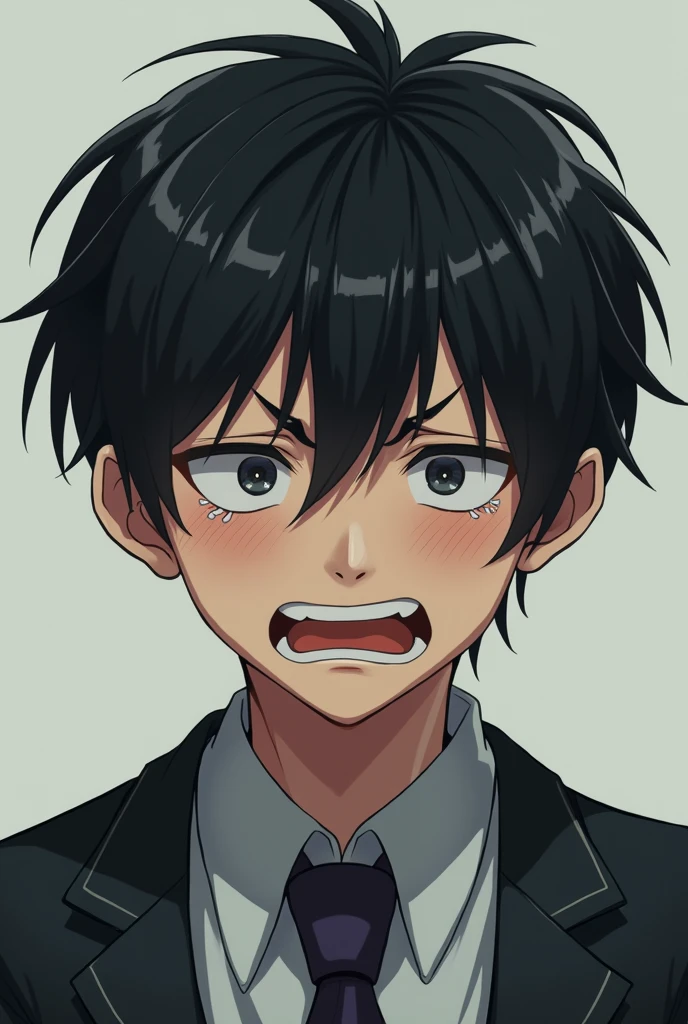 Draw an illustration of a black-haired boy crying！Age: about second year high school student。wearing a school uniform、I&#39;m crying in frustration。Her face is not cute、Cool type。