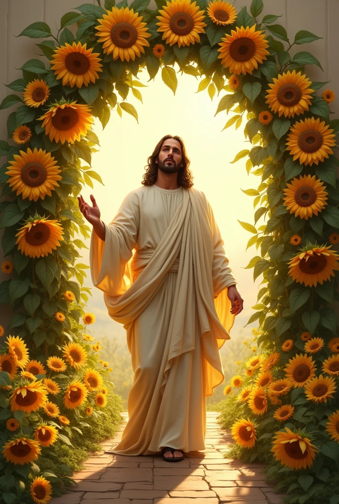 Jesus standing between sunflower arch