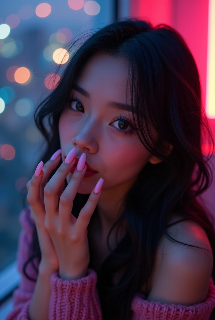 (8k, RAW photo, best quality, masterpiece:1.2), colorful background, clean background, depth of field, city, high building, A woman, half back long black hair, hazelnut eyes, long eyelashes, large red lips, pink long nails, gentle smile, is being licked by a  girl, in the gamers room