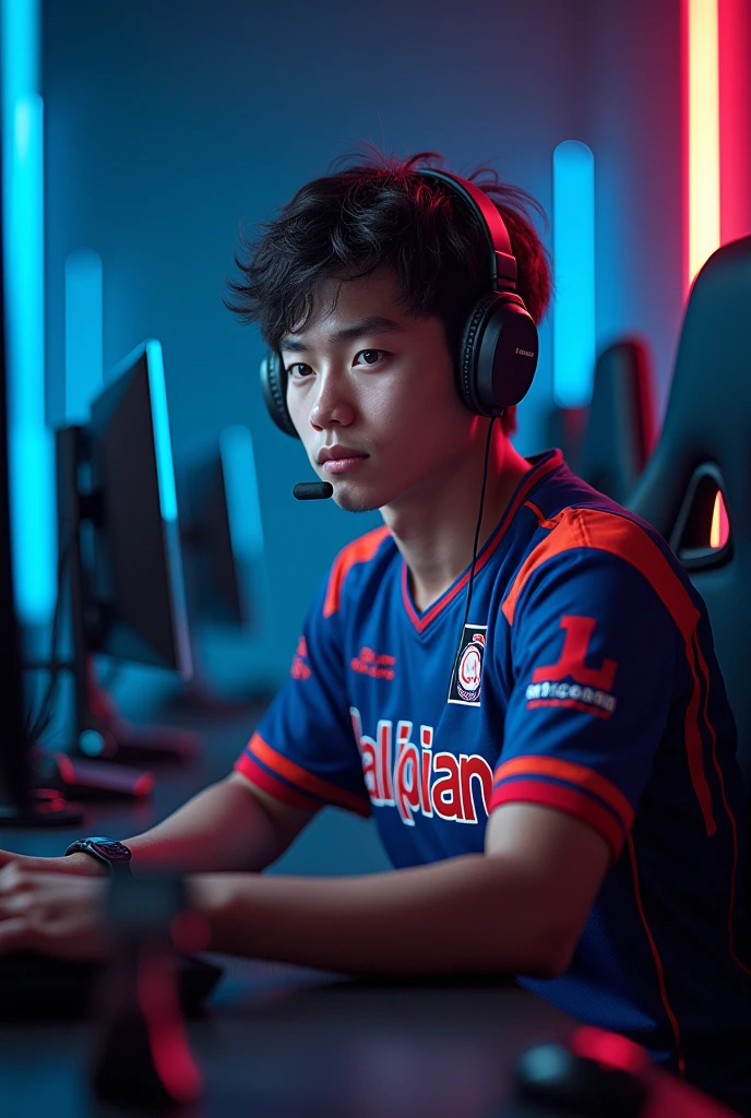 A young man gamer wearing esports jersy with a name "QaLipian" at the back.