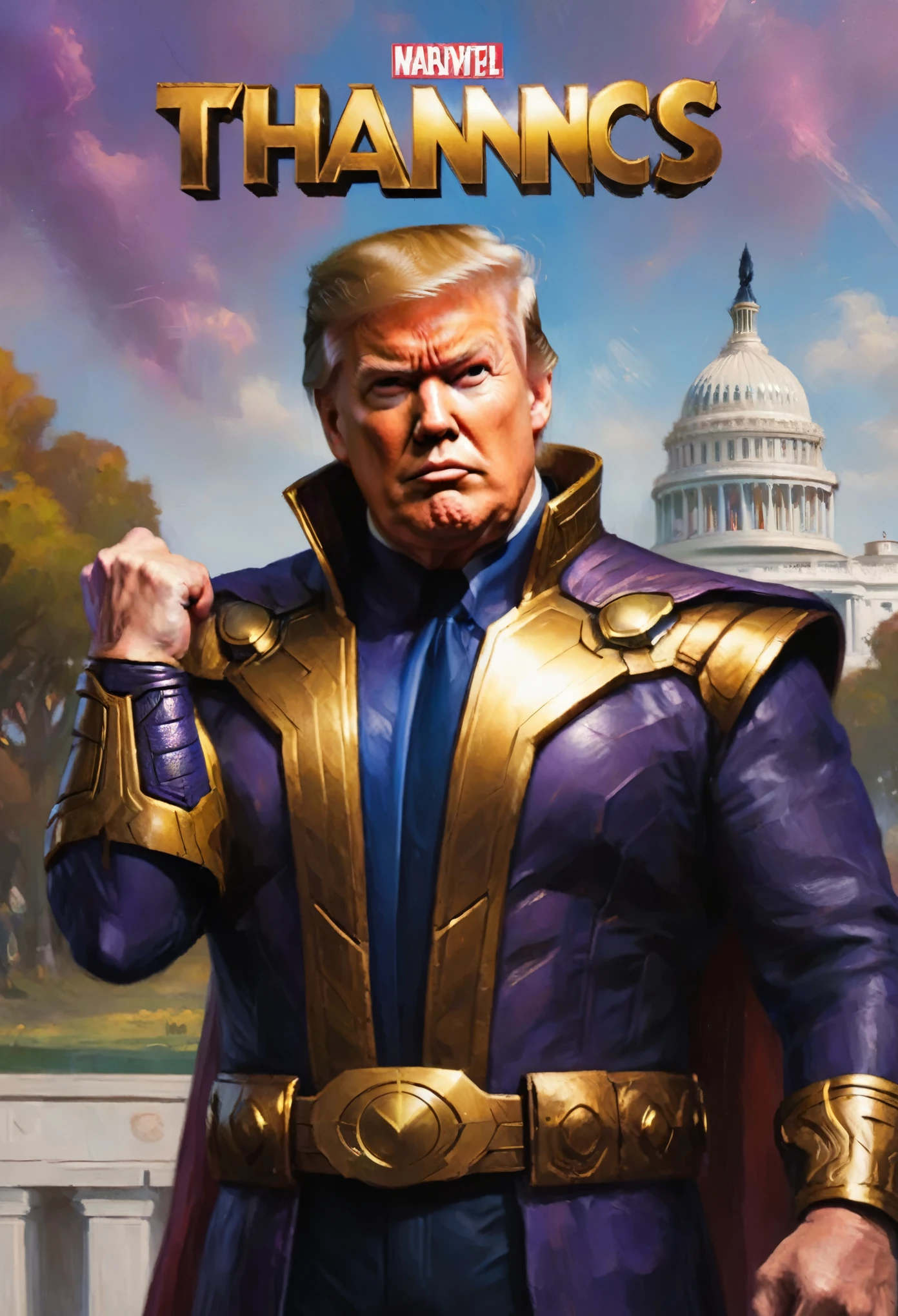 Donald Trump (bandage on right ear) in a triumphant pose, He is portraying villain Thanos, wearing the Infinity gauntlet, white house in background. 'I AM INEVITABLE' written in big letters along the right side of the screen
