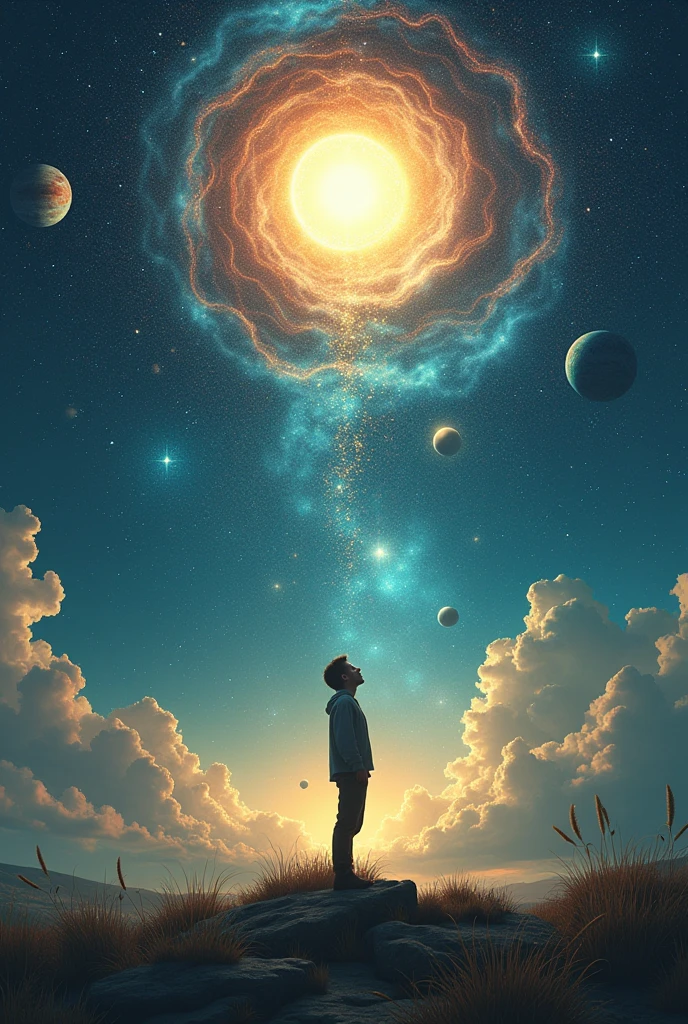 A person stands on Earth looking at the sun, stars, and atoms and molecules.