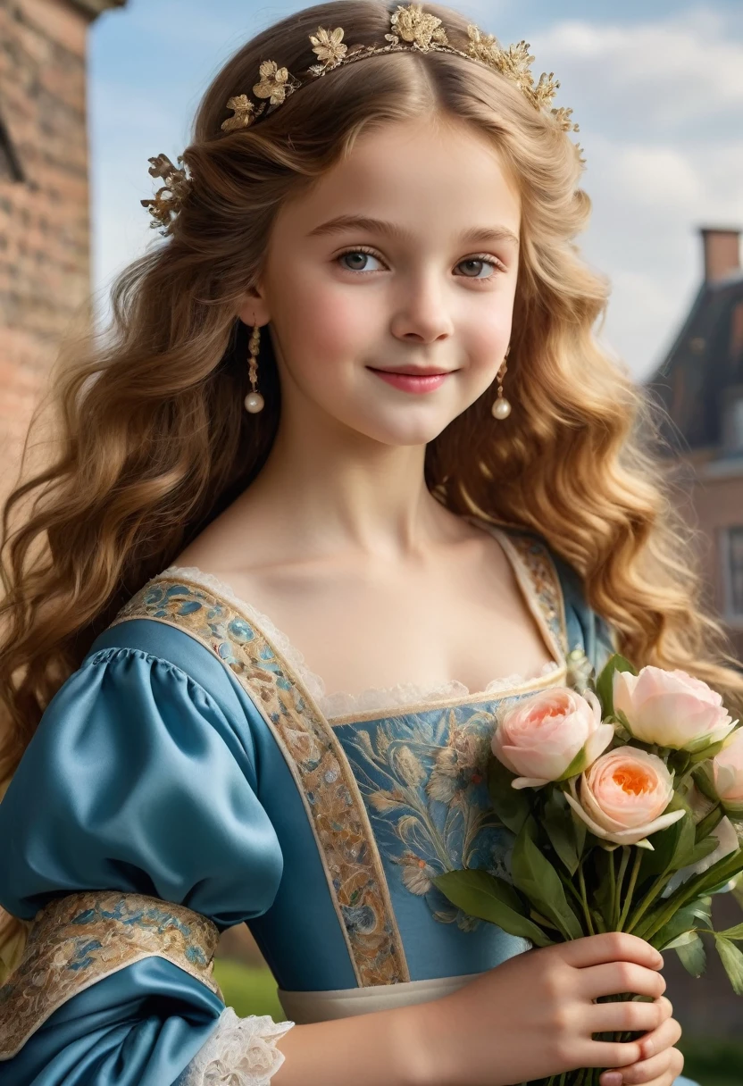 (best quality,4k,8k,highres,masterpiece:1.2), ultra-detailed, (realistic,photorealistic,photo-realistic:1.37),In the portrait of this enchanting , the daughter of a prosperous merchant during the flourishing 17th century in the Netherlands, every brushstroke captures the essence of her youth and nude innocence. Her golden locks cascade in gentle waves, adorned with ribbons and pearls that speak of her family's affluence. Each curl seems to dance in the light, framing her cherubic face with an air of purity and grace. Her eyes, wide and bright, reflect the curiosity and wonder of childhood, as if every glance is filled with endless possibilities. Her rosy cheeks flush with vitality, a testament to her health and happiness in the embrace of her privileged upbringing. A delicate dimple graces her smile, adding a touch of sweetness to her countenance that is as charming as it is captivating. Dressed in the finest silks and lace, her gown whispers softly with every movement, a symphony of luxury and refinement. Embroidered motifs and intricate details adorn her attire, showcasing the exquisite craftsmanship of the era and her family's esteemed status in society. In her hands, she holds a posy of fresh flowers, their vibrant colors mirroring the bloom of her youth. With each delicate petal, she seems to embody the essence of spring itself, a beacon of hope and renewal in a world filled with uncertainty. This portrait of the 12-year-old daughter of a prosperous Dutch merchant is not just a representation of beauty; it's a window into a bygone era of elegance, privilege, and the timeless innocence of youth.sexy cleavage
