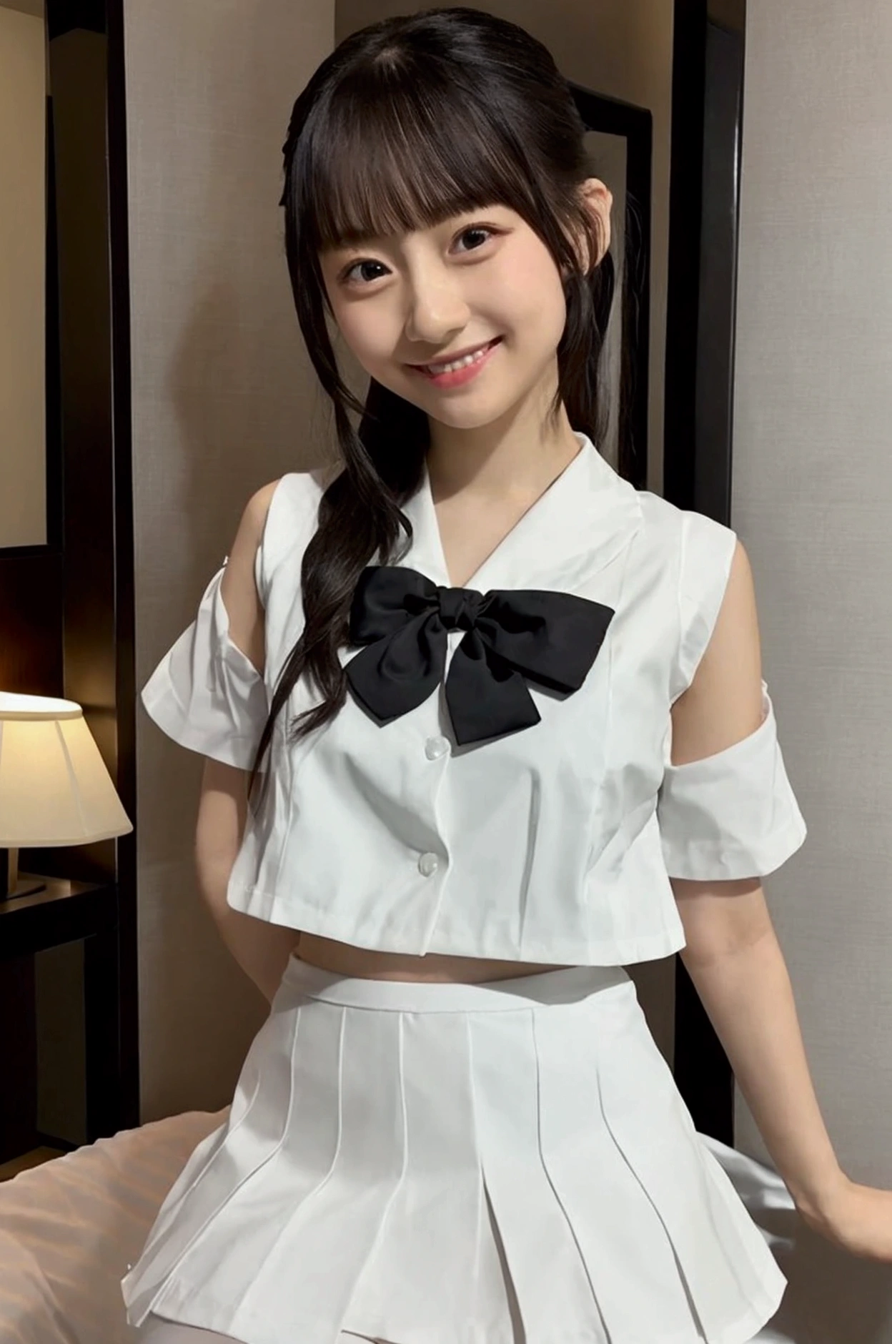 Gravure idol pose Adorable smile Hotel bed uniform White clothes high resolution Not too small bust Black Mini Skirt Skirts should be shortened Beautiful legs Beautiful Hair Height: 155cm