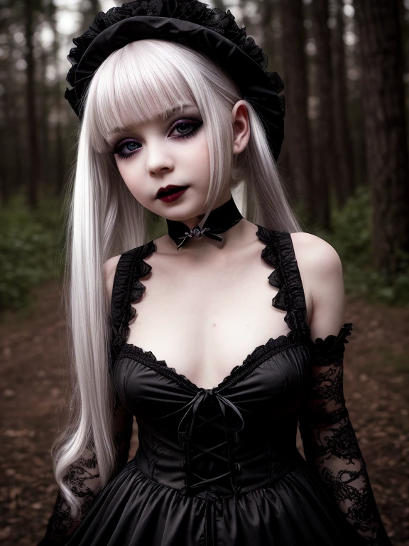 female sexy vampire|albino, pale porcelain skin, sexy vintage black dress, black panties, fishnet, (, loli:1.8), e, shallow depth of field, grin|creepy, nightfall, detailed face, night, wide hips, narrow waist, portrait of woman standing, detailed eyes, portrait of woman standing, 8k RAW photo, highest quality, looking at the viewer, best shadow, intricate details, white hair, pigtails, cute, bright white eyes, mascara, eyeshadow, gothic makeup, (night:1.4), dark forest, night, grave, gothic, goth detailed, highres, high qualilty, high saturation