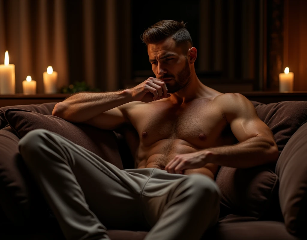 A photorealistic image of a man seated on a plush, luxurious sofa in an intimate, candle-lit room. The man has a well-toned but not overly muscular physique, with a naturally hairy chest and arms that add to his rugged appeal. He sits elegantly, half-naked, wearing only a pair of loose-fitting pants, his upper body exposed. The soft, warm glow from the surrounding candles casts gentle shadows across his defined abs and broad shoulders, highlighting the natural contours of his body. The man’s expression is subtly intense, his eyes half-closed as he brings his hand to his mouth. His lips lightly touch his fingers, which are damp from his tongue, creating a suggestive and sensual moment. His posture is relaxed yet confident, with one arm draped casually over the back of the sofa while the other hand is engaged in this intimate gesture. The dim lighting and flickering candlelight accentuate the atmosphere, making the scene feel private and deeply personal. The setting is rich and inviting, with soft, velvet cushions on the sofa and dark, elegant drapes framing the room. The flickering candles, placed strategically around the room, cast a warm, golden light that adds to the seductive ambiance. The room is filled with a mix of deep shadows and highlights, creating a visually captivating contrast that draws attention to the man’s actions and the texture of his skin. The overall composition is designed to evoke a strong, alluring atmosphere, with the man’s relaxed yet provocative pose and the intimate, candle-lit setting, creating a scene that is meant to captivate and excite the viewer, especially women.
