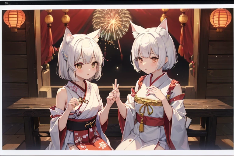 (Printed Polaroid Photo\(2females および2人の女の子 cute,cute Five fingers Five fingers Small wolf ears Small wolf ears White Shorthair Brown short hair Petite Petite Normal chest Normal chest first round first round sit sit Shrine maiden Shrine maiden The background is fireworks