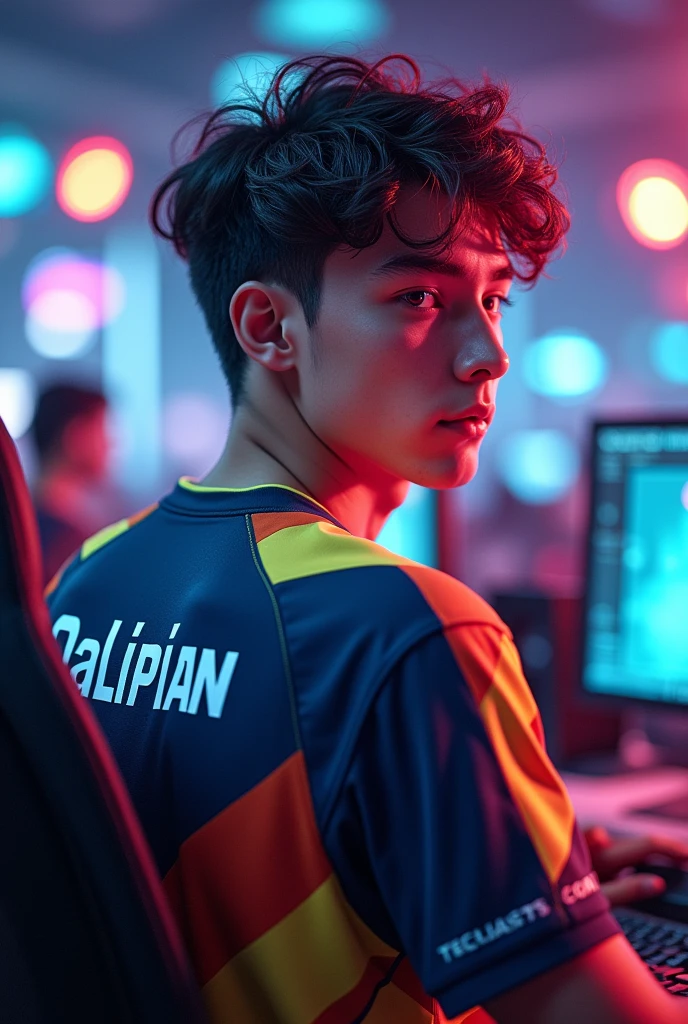 A young man gamer wearing esports jersy with a name "QaLipian" at the back.