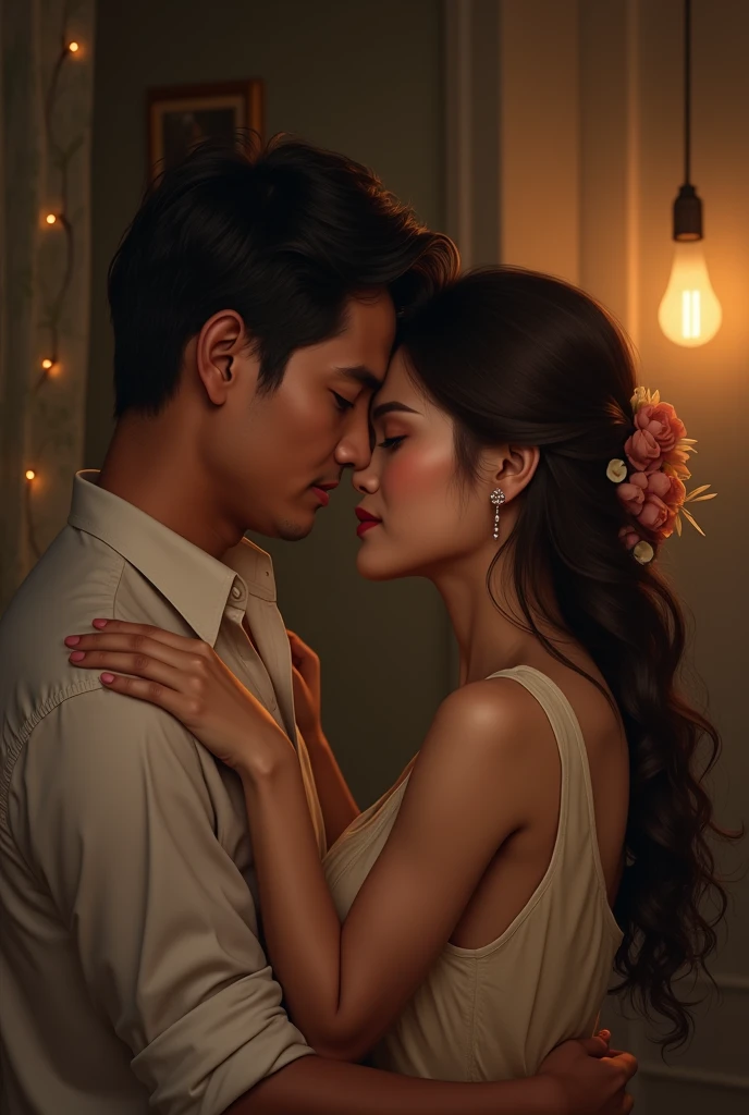 Indonesian Girl, 25 years old, are kissing. 40 year old husband's nipples
