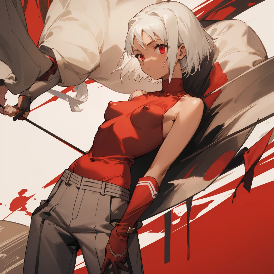 ((Highest quality)), ((masterpiece)), (Familiar), Canaan, 1 girl, alone, Silver Hair,Brown Skin,Red eyes,Long trousers,Red sleeveless,Clothes with a visible back, thin,short hair,Small breasts, Erect nipples, gloves