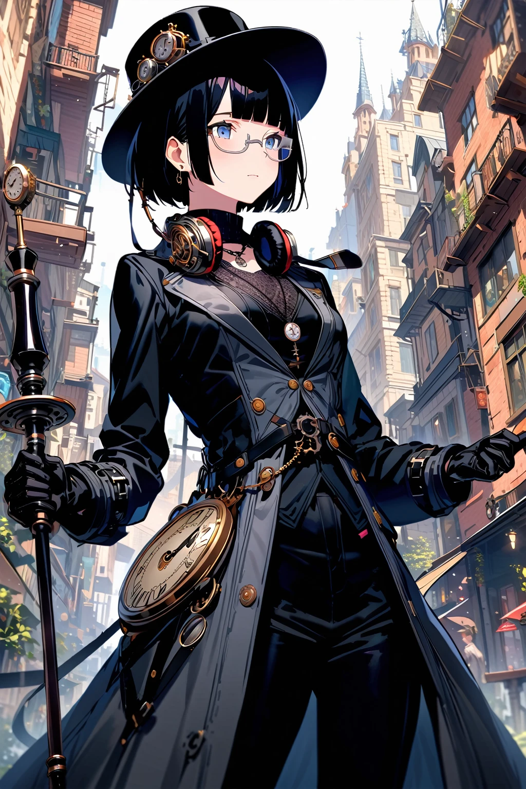 (extremely detailed fine touch:1.3), (((silver semi-rimless eyewear:1.3))), (wear silver headphones around neck:1.0), black short hair, blunt bangs, 1girl, solo, earring, steampunk, black suit, (black silk hat:1.2), black long pants, pocket watch necklace, black gloves, holding black stick, extremely detailed steampunk cityscape, 