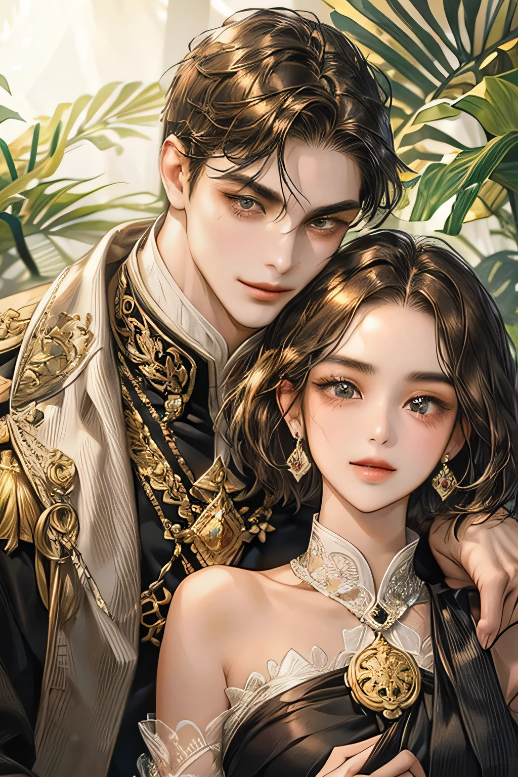 Couple, black hair, javanese majapahit style, masterpiece, best quality, realistic, romantic and charming, 29 years old, black eyes, serious, extremely detailed face, smile,, ((short-right-swept dark brown hair)), [thick eyebrows], , accurate, detailed