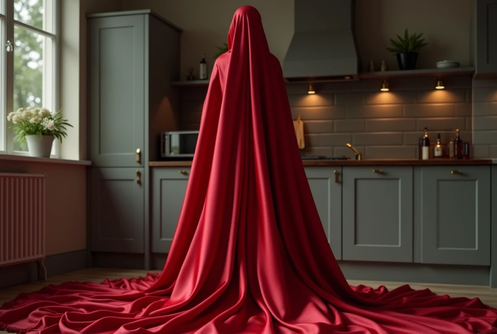 An alluring woman shrouded in a 4-meter-long, shine and soft red satin cloth, tightly bound and grandly draping along the form of her body, flowing off into a pooled floor-length train, styled in a mermaid-inspired outfit, her head modestly veiled in a satin hijab, shiny fabric, in a kitchen, a full-body pose conveying a sense of mysterious elegance, captured in a 4k resolution, ultra-realistic