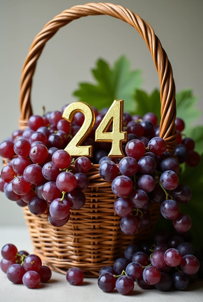 A photo of a basket of grapes with the number 24 written in gold letters