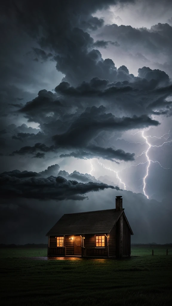 "A dark, stormy night with heavy rain and lightning illuminating the sky. A small, isolated house stands in the middle of the scene, surrounded by shadows."