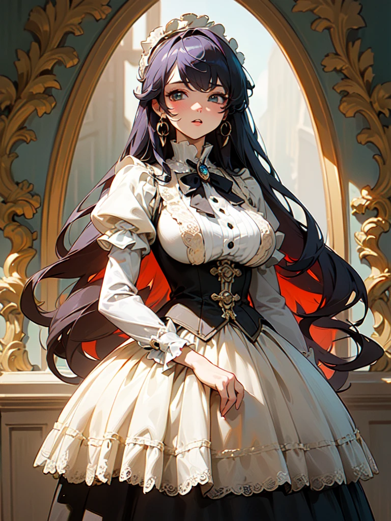 (((Ultra gorgeous beautiful dress is rococo victorian gown with hoopskirt and long hems))), (solo lady :1.2:huge breasts:1.2), (Expressive hair:1.1:very voluminous and very long hair:1.1), bangs, (cowboy shot:1.1), (super delicate face:1.3:masterpiece:1.3:ultra detailed:1.3:an extremely delicate and beautiful:1.2:unity 16k wallpaper:1.1), (moe anime art style:1.1),
