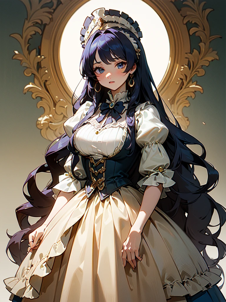 (((Ultra gorgeous beautiful dress is rococo victorian gown with hoopskirt and long hems))), (solo lady :1.2:huge breasts:1.2), (Expressive hair:1.1:very voluminous and very long hair:1.1), bangs, (cowboy shot:1.1), (super delicate face:1.3:masterpiece:1.3:ultra detailed:1.3:an extremely delicate and beautiful:1.2:unity 16k wallpaper:1.1), (moe anime art style:1.1),