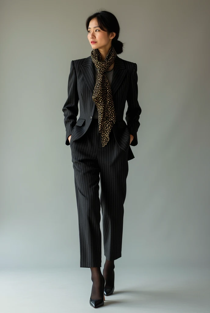She wore black stockings and pointed stiletto heels.、A Japanese woman in her 40s wearing a striped suit、Black and gold patterned scarf